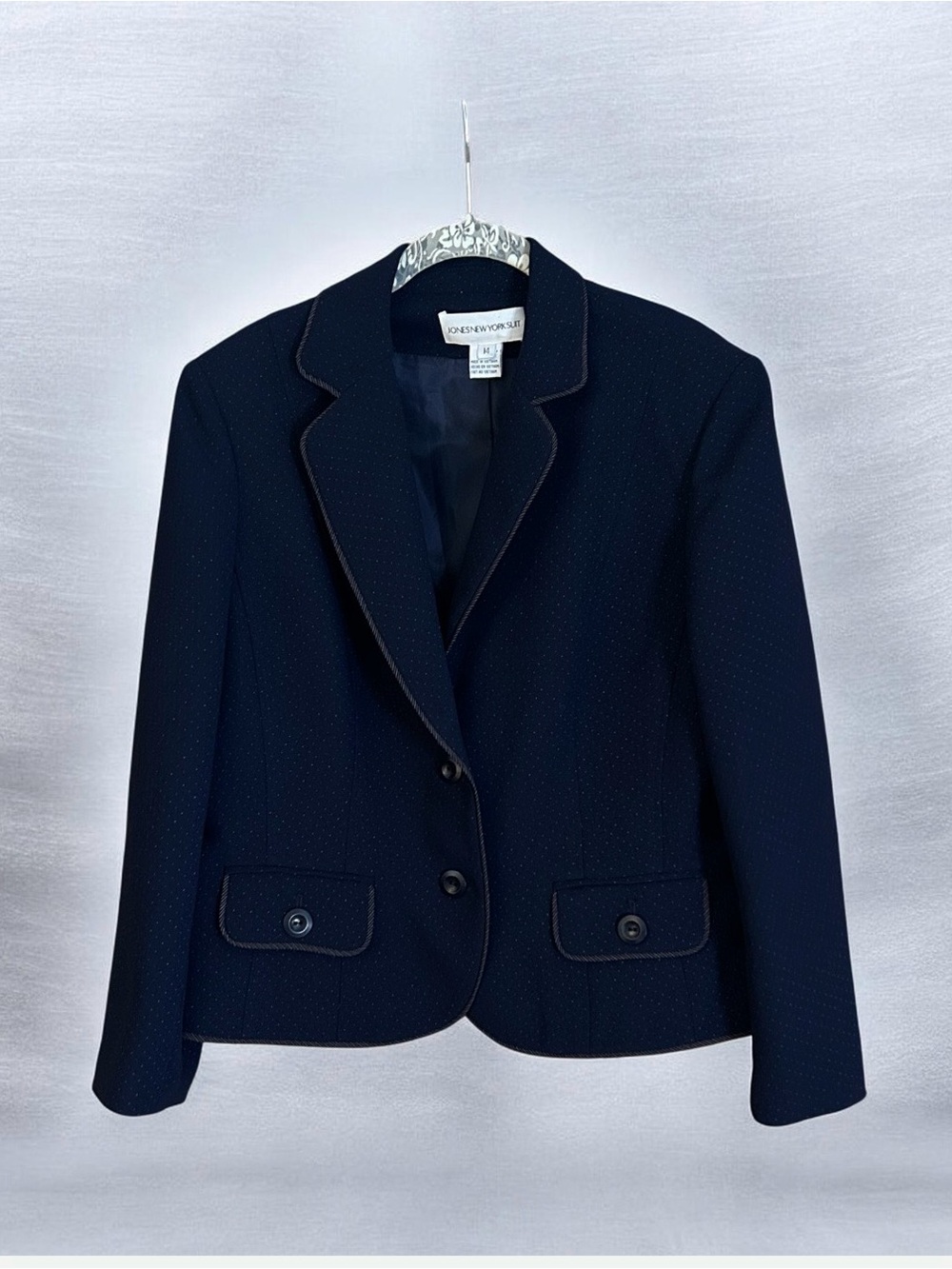 Jones New York Suit Navy Blazer 14 Pin Dot Piping Trim 2 Button Workwear